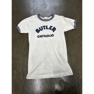 Vintage Butler Catholic Ringer Shirt Mens Medium White Blue 50/50 USA Tee